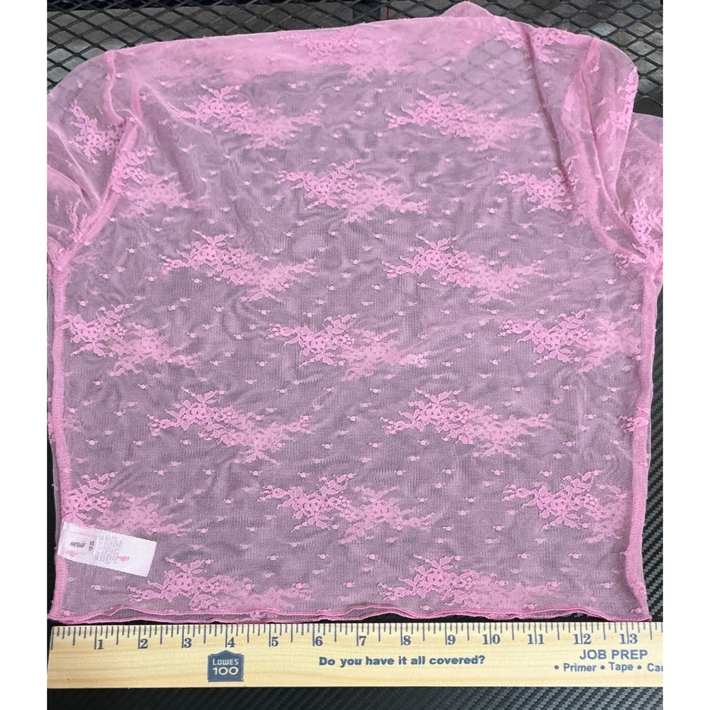 Y2K Coquette Balletcore Fairy Pink Sheer Floral Lace Mock Neck Long Sleeve XS - Picture 7 of 9